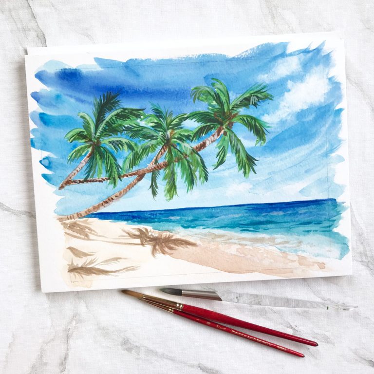 Hand-painted beach and ocean scene with palm trees by Michelle Mospens. - Mospens Studio