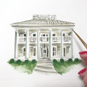 Hand-painted watercolor Seaside House for a Florida wedding by Michelle Mospens. - Mospens Studio