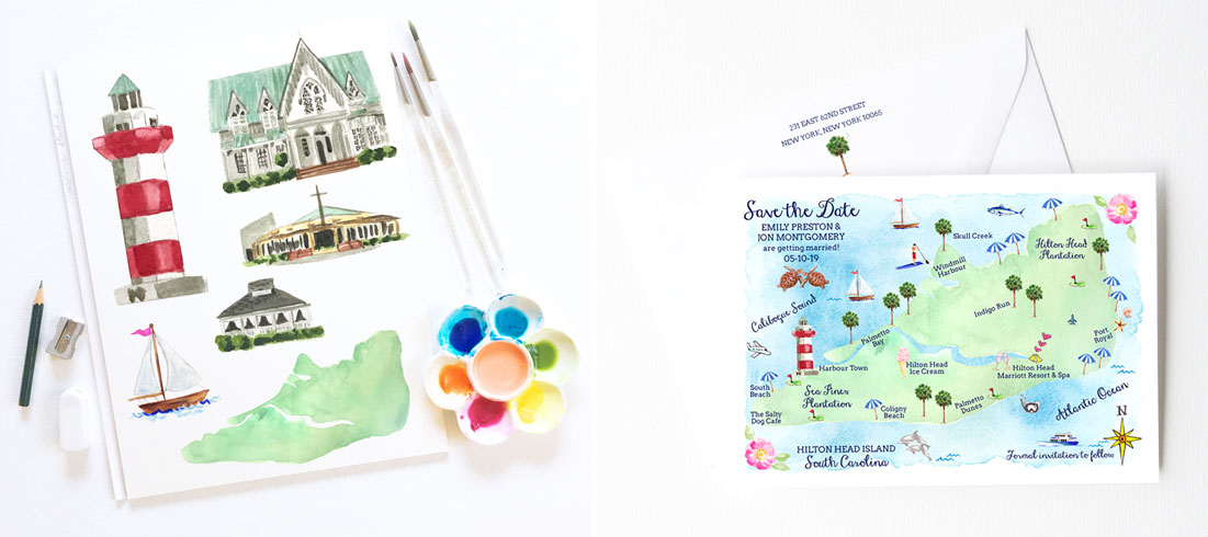 Watercolor town map save the date cards by artist Michelle Mospens. - Mospens Studio