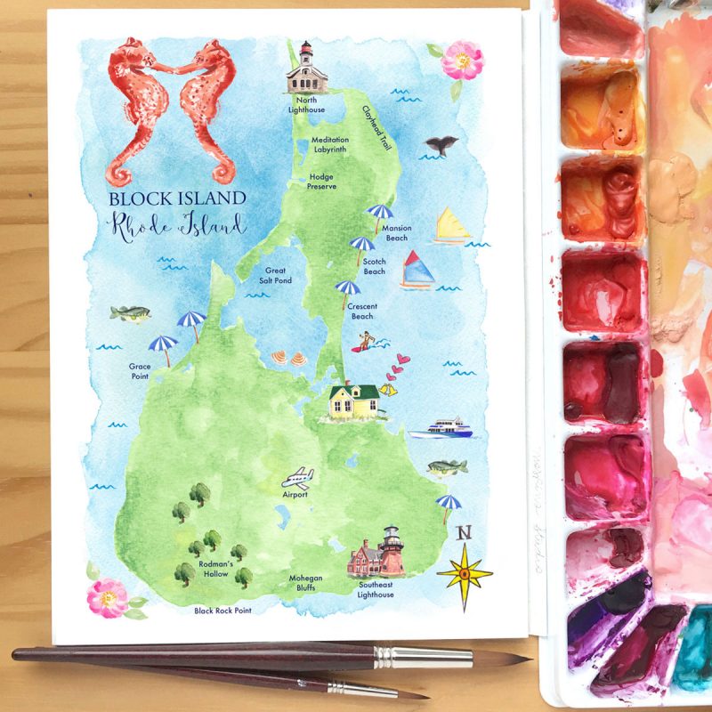 Hand-painted watercolor map illustration for a Rhode Island, Block Island wedding. Original art by artist Michelle Mospens.