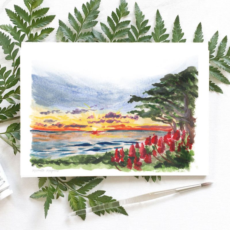 Hand-painted watercolor California landscape by artist Michelle Mospens. MospensStudio.com