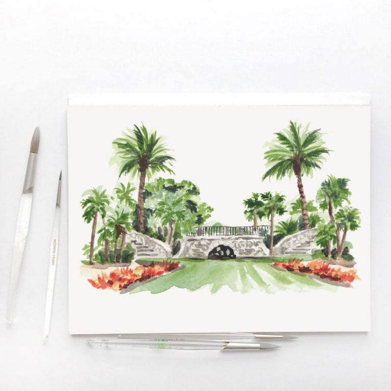 Fairchild Tropical Botanic Garden bailey palm glade watercolor by Michelle Mospens. - MospensStudio.com