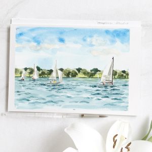 Watercolor lake and sailboats by artist Michelle Mospens. MospensStudio.com