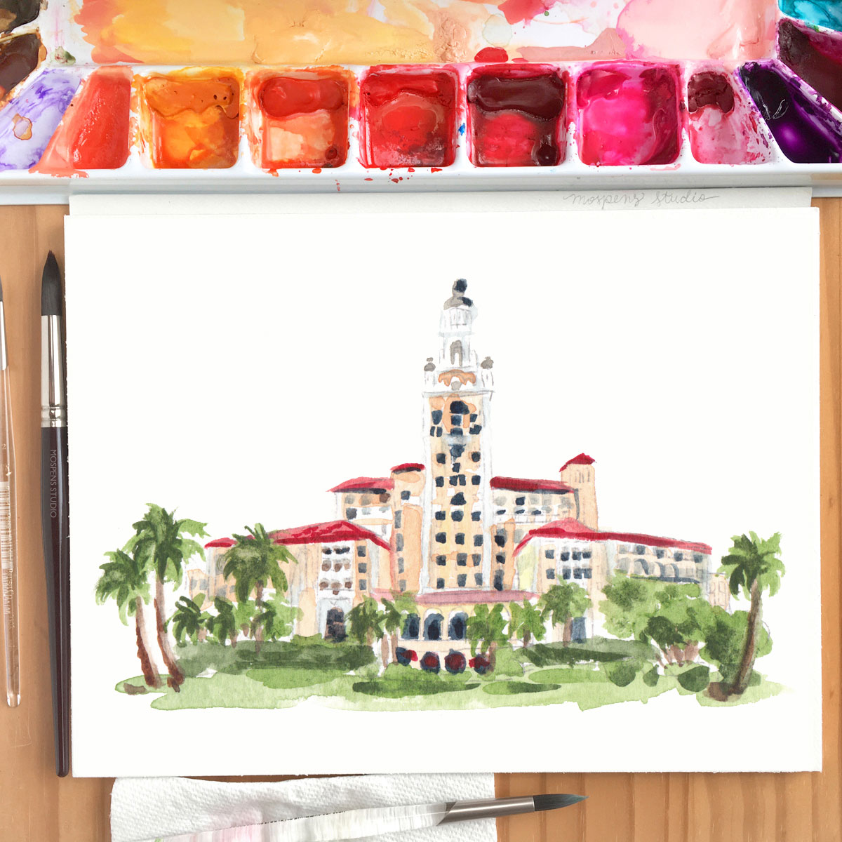 Watercolor Biltmore Hotel in Miami Florida wedding venue illustration by artist Michelle Mospens. - MospensStudio.com