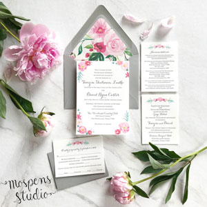 Hand-painted watercolor custom wedding invitations at Mospens Studio.