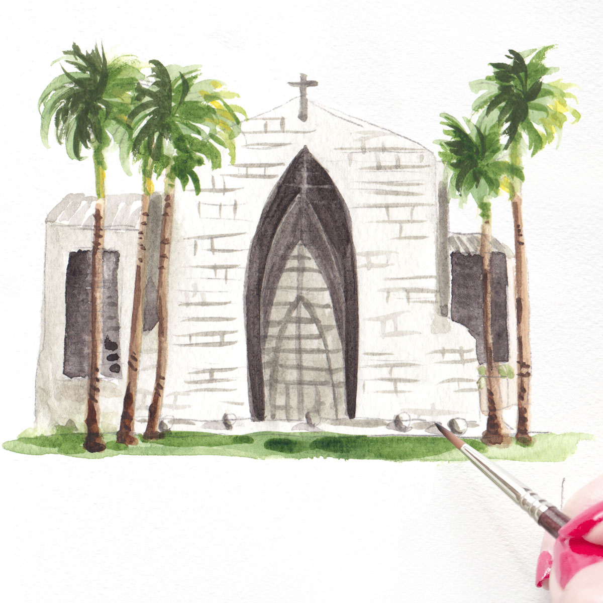 Watercolor Epiphany Church in Miami Florida wedding venue illustration by artist Michelle Mospens. - MospensStudio.com
