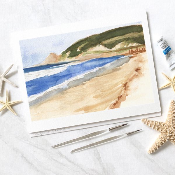 Hand-painted watercolor beach landscape by artist Michelle Mospens. MospensStudio.com