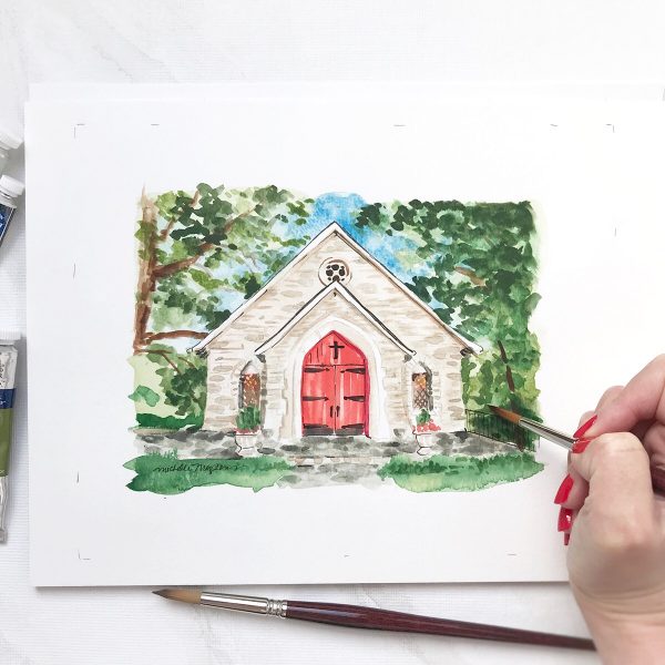 Hand-painted watercolor wedding church venue illustration by artist Michelle Mospens. MospensStudio.com