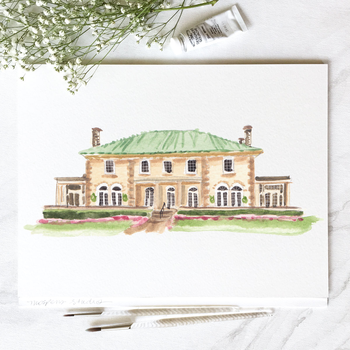 Hand-painted Separk Mansion watercolor for a fall wedding by artist Michelle Mospens. - MospensStudio.com