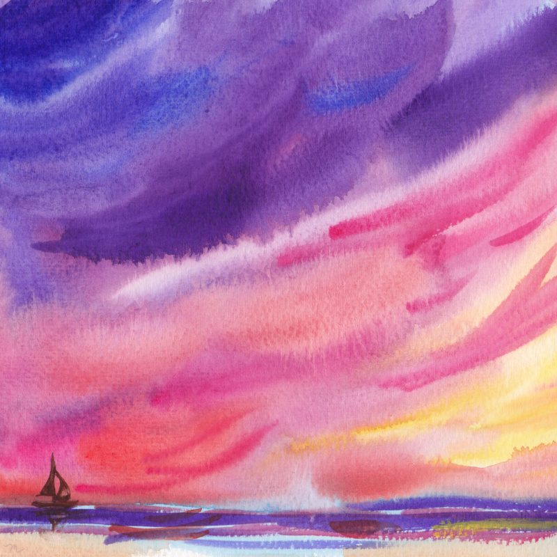 Hand-painted custom watercolor sunset for a destination wedding by artist Michelle Mospens. - MospensStudio.com