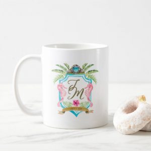 Tropical wedding custom heraldry crest by artist Michelle Mospens. - MospensStudio