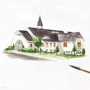 Hand-painted custom watercolor church wedding venue for a destination wedding by artist Michelle Mospens. - MospensStudio.com