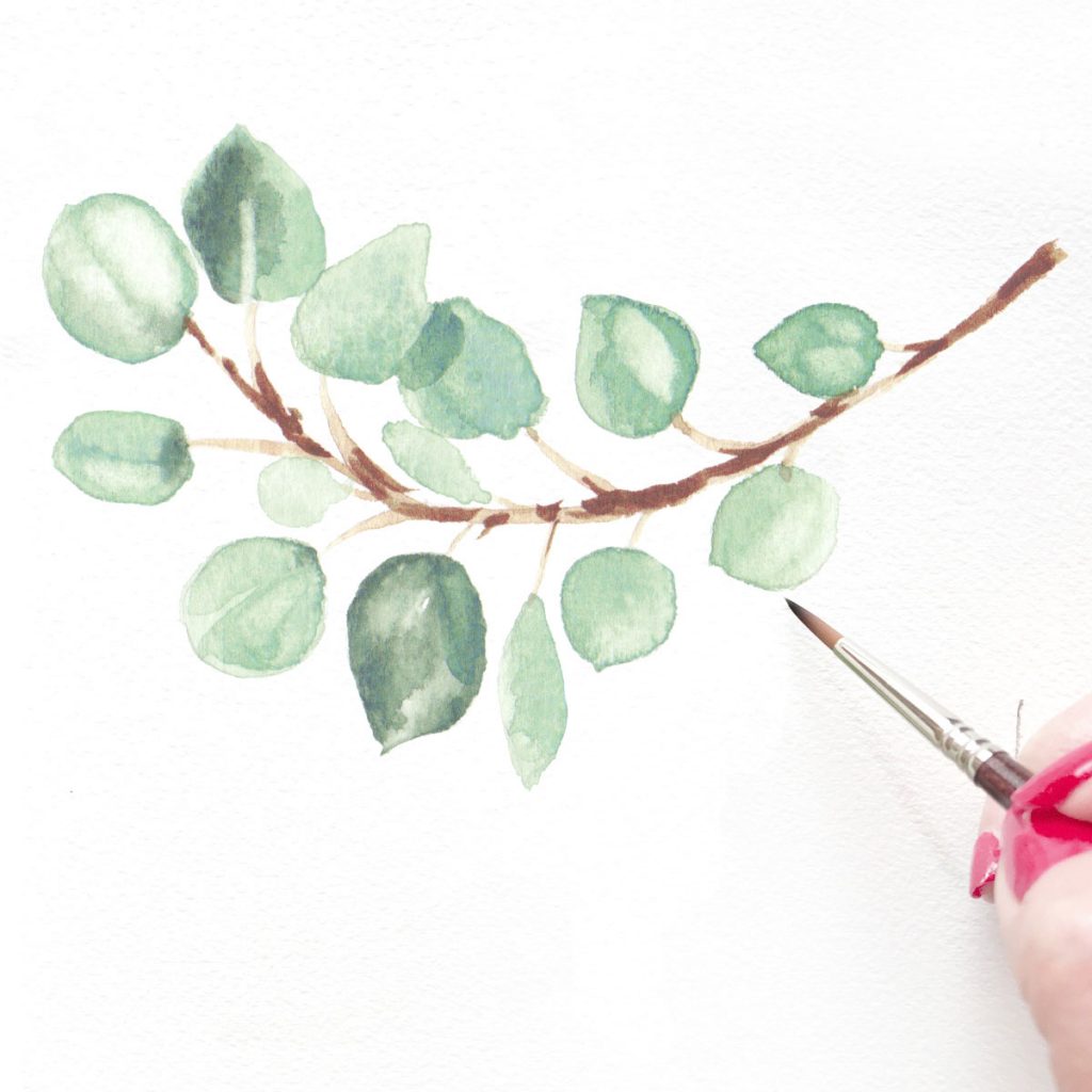 Hand-painted watercolor eucalyptus leaves for a summer wedding by artist Michelle Mospens. - MospensStudio.com