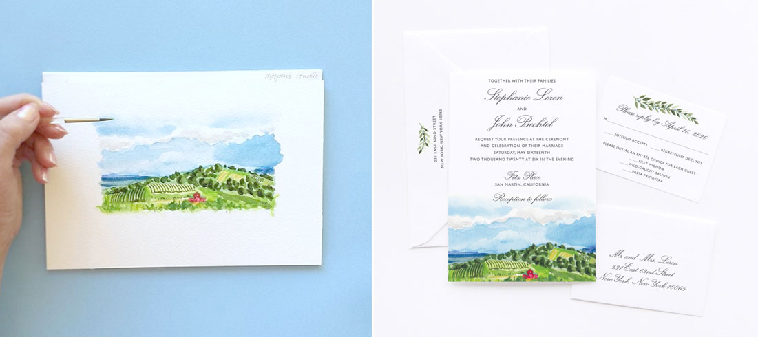Hand-painted watercolor landscape custom wedding invitation suite by artist Michelle Mospens. - MospensStudio.com