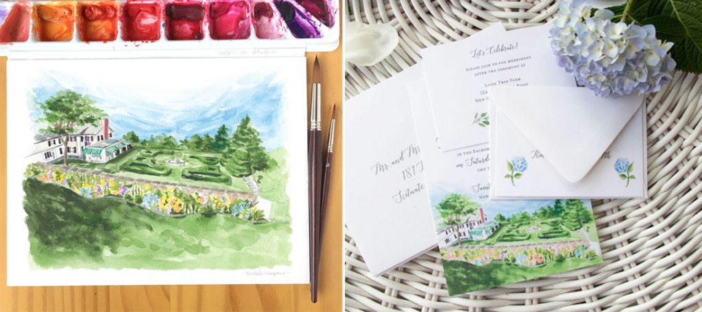 Hand-painted watercolor wedding venue custom wedding invitation suite by artist Michelle Mospens. - MospensStudio.com