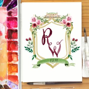 Hand-painted custom watercolor wedding crest for a fall wedding by artist Michelle Mospens. - MospensStudio.com