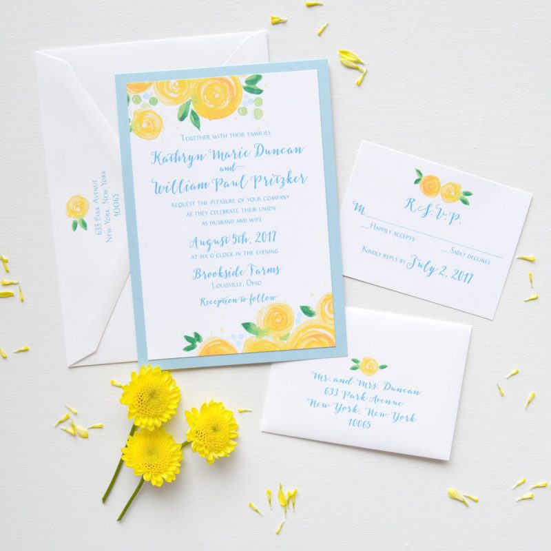 Watercolor yellow rose blooms wedding invitations - MospensStudio.com