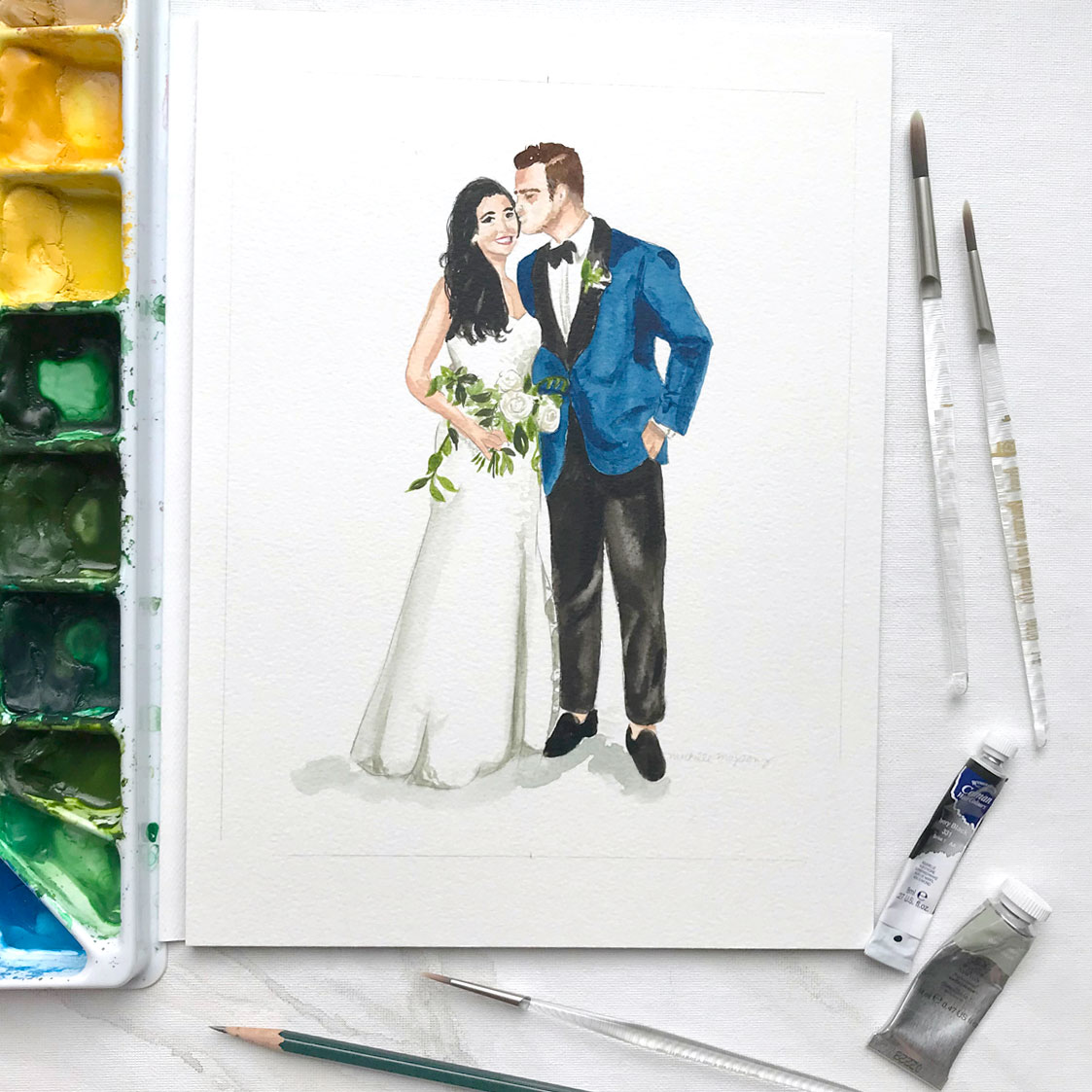 Hand-painted watercolor wedding portrait illustration by artist Michelle Mospens. - MospensStudio.com