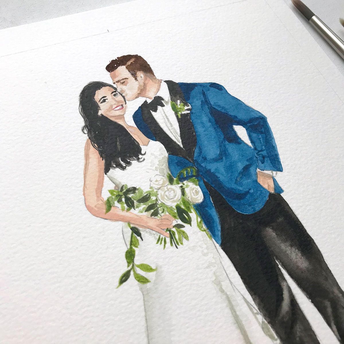 Hand-painted watercolor wedding portrait illustration by artist Michelle Mospens. - MospensStudio.com