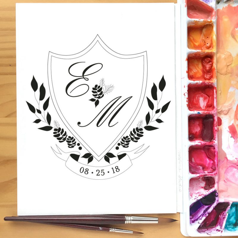 Custom illustrated wedding monogram crest by artist Michelle Mospens. - MospensStudio.com