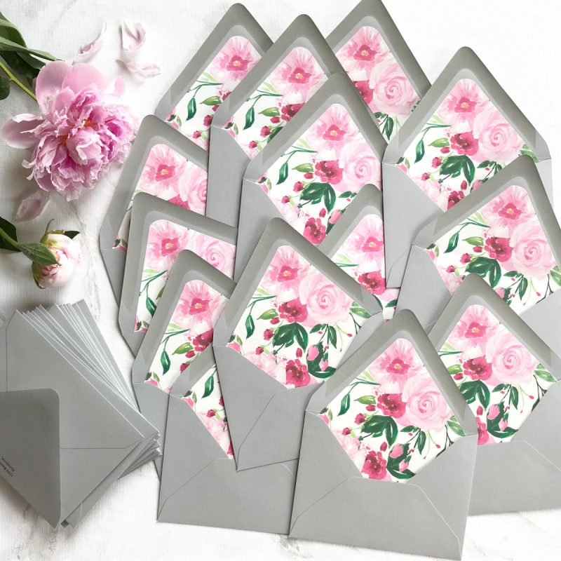 Watercolor floral custom envelope liners for wedding invitations. Mospens Studio