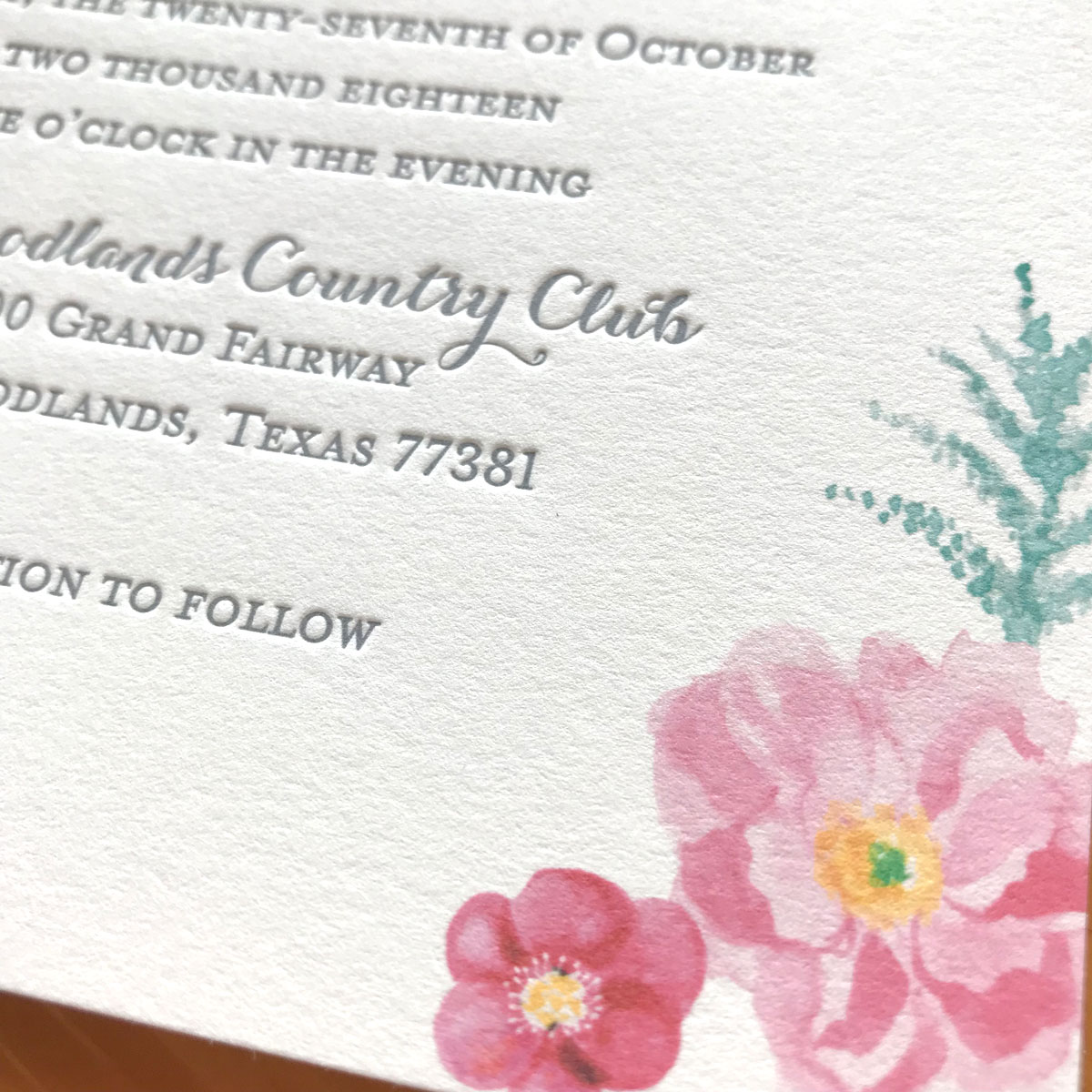 Floral watercolor and letterpress wedding invitations and stationery. This custom pink, gray and green wedding suite is so pretty! Mospens Studio