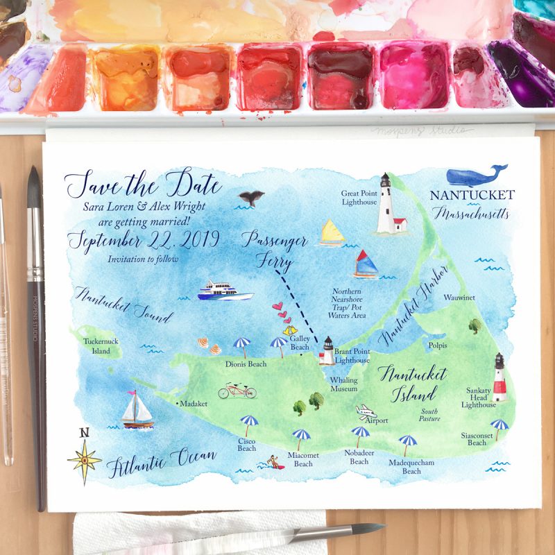 Nantucket wedding map by artist Michelle Mospens. MospensStudio.com