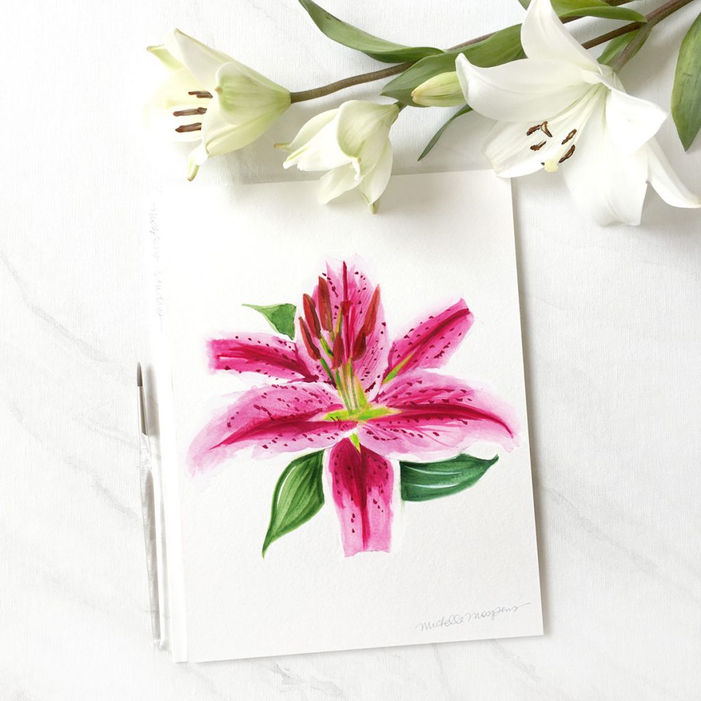 Watercolor stargazer lily for a summer wedding. MospensStudio.com