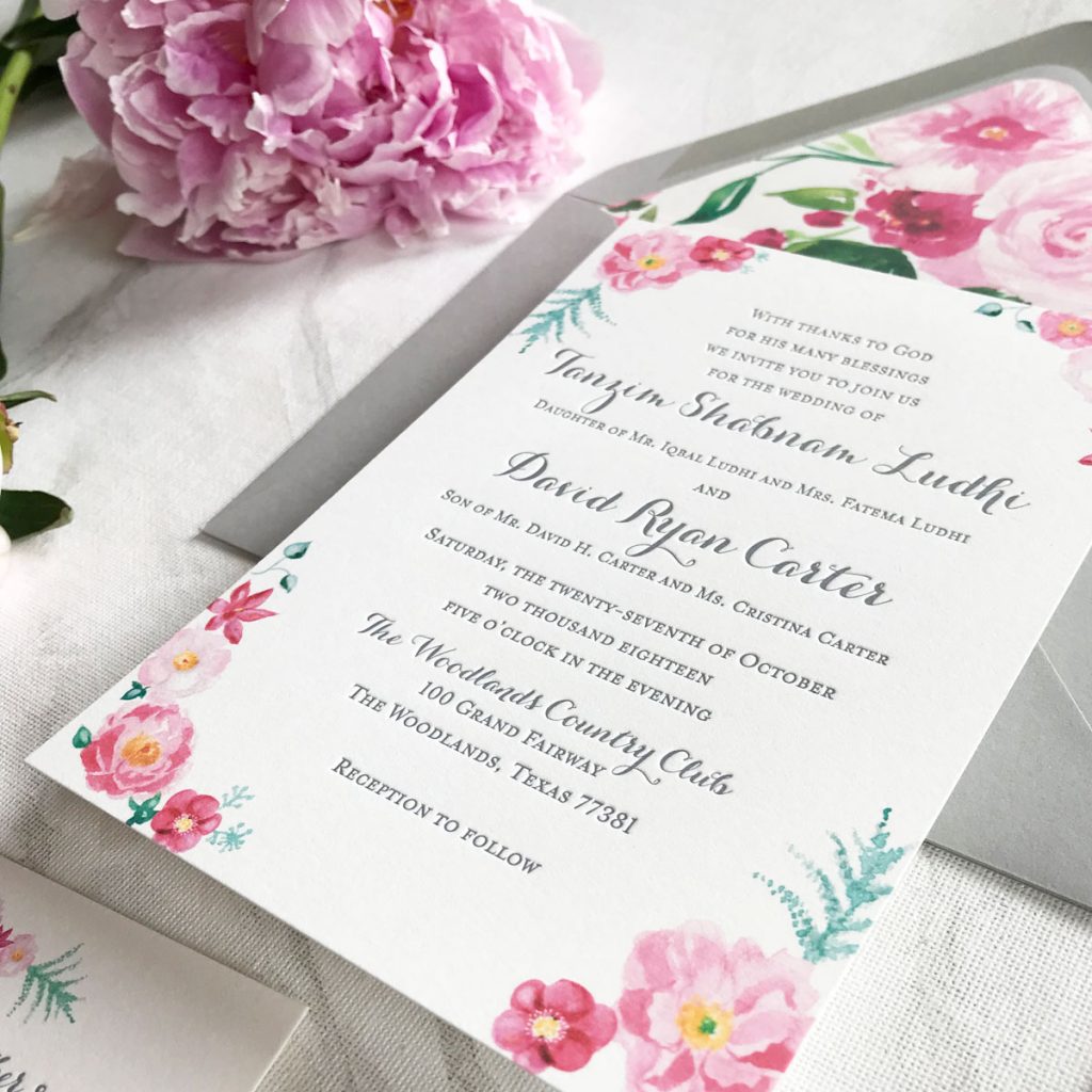 Floral watercolor and letterpress wedding invitations and stationery. This custom pink, gray and green wedding suite is so pretty! Mospens Studio