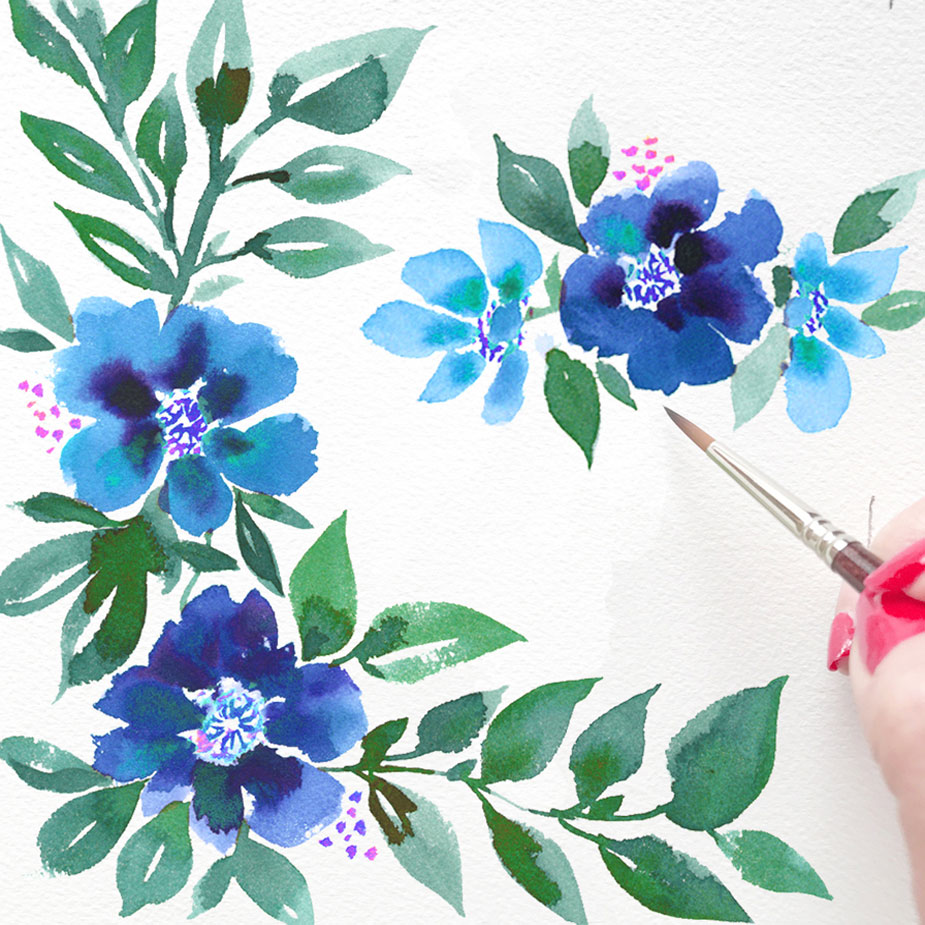 Hand painted watercolor blue flowers for a winter wedding. MospensStudio.com