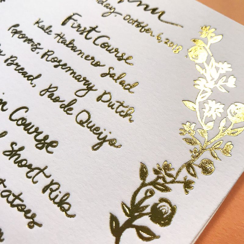 Hand illustrated gold foil modern calligraphy wedding menus by Michelle Mospens. Mospens Studio