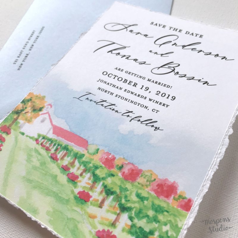 Watercolor winery save the date cards venue illustration by Michelle Mospens. Mospens Studio