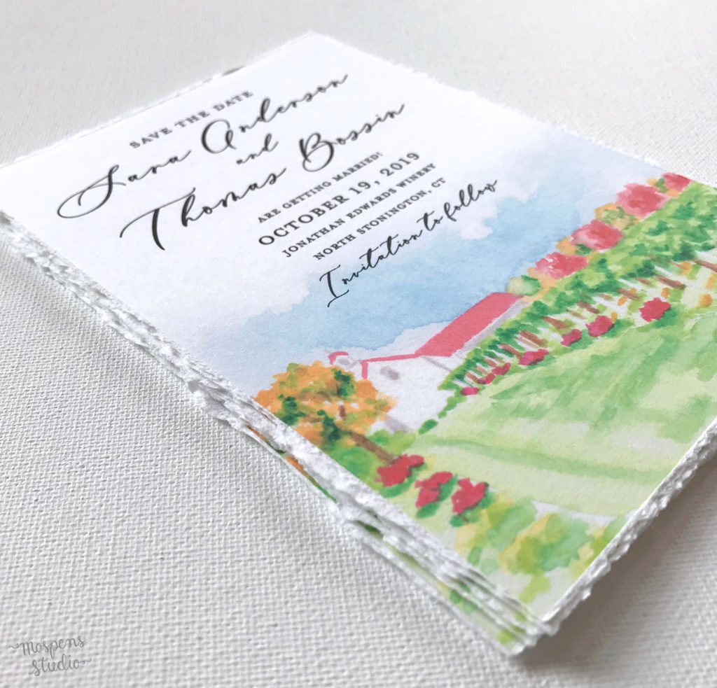 Watercolor winery save the date cards venue illustration by Michelle Mospens. Mospens Studio