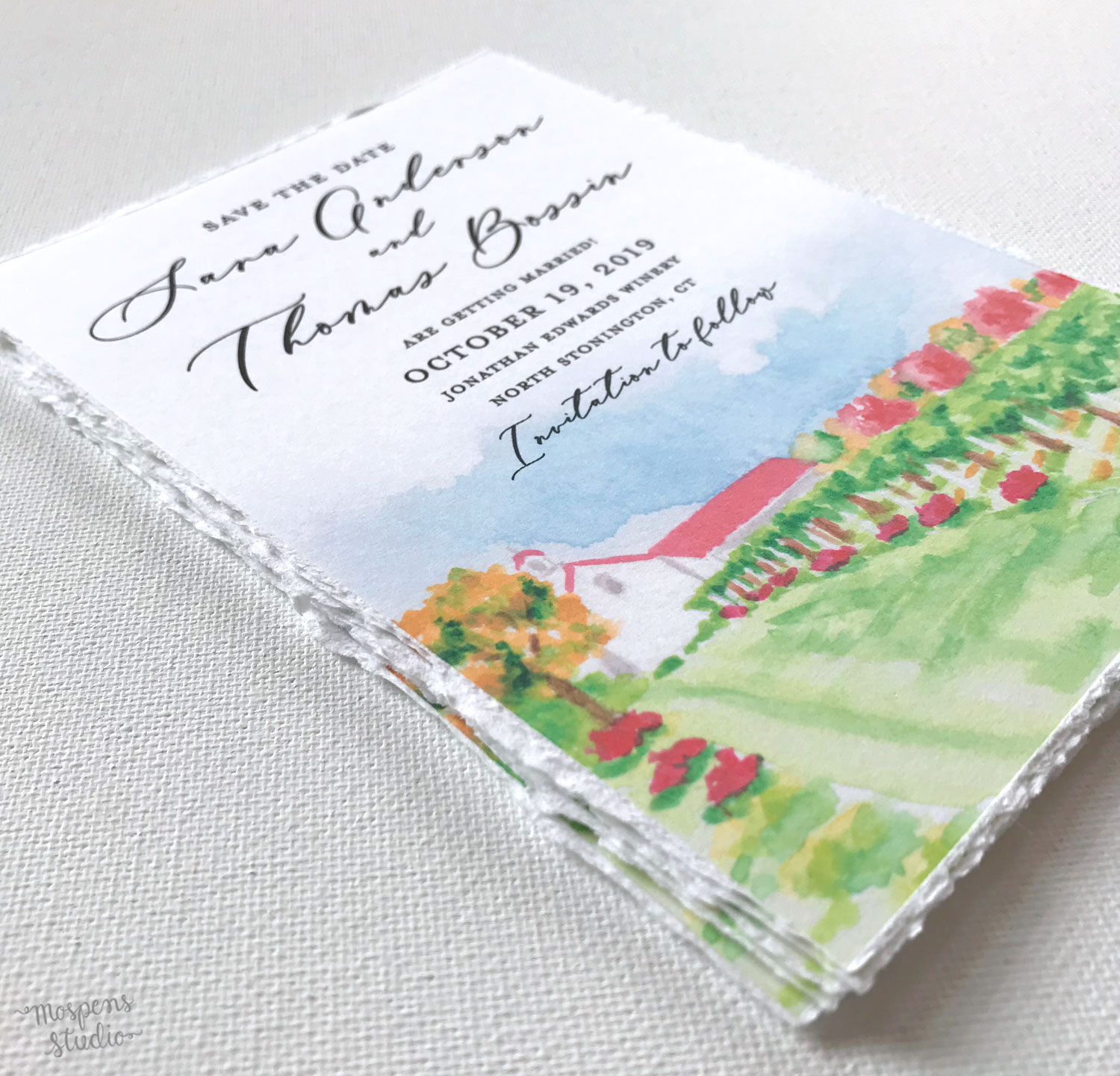 Watercolor winery save the date cards venue illustration by Michelle Mospens. Mospens Studio