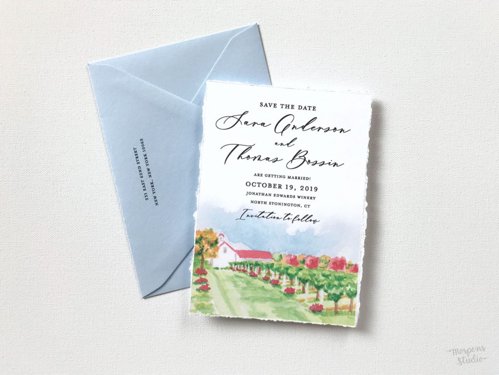 Watercolor winery save the date cards venue illustration by Michelle Mospens. Mospens Studio