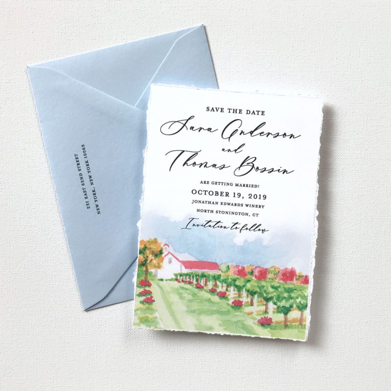 Watercolor winery save the date cards venue illustration by Michelle Mospens. Mospens Studio