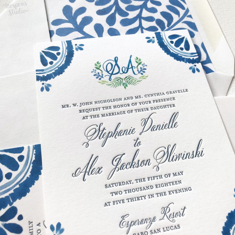 Spanish tile inspired custom wedding stationery for a destination wedding in Cabo San Lucas, Mexico. 100% original artwork by Michelle Mospens. // Mospens Studio #weddinginvitations #weddinginvitation #destinationwedding #invitations #savethedatecards