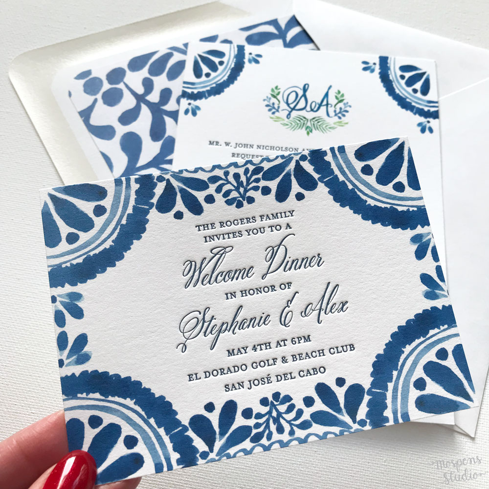 Spanish tile inspired custom wedding stationery for a destination wedding in Cabo San Lucas, Mexico. 100% original artwork by Michelle Mospens. // Mospens Studio #weddinginvitations #weddinginvitation #destinationwedding #invitations #savethedatecards