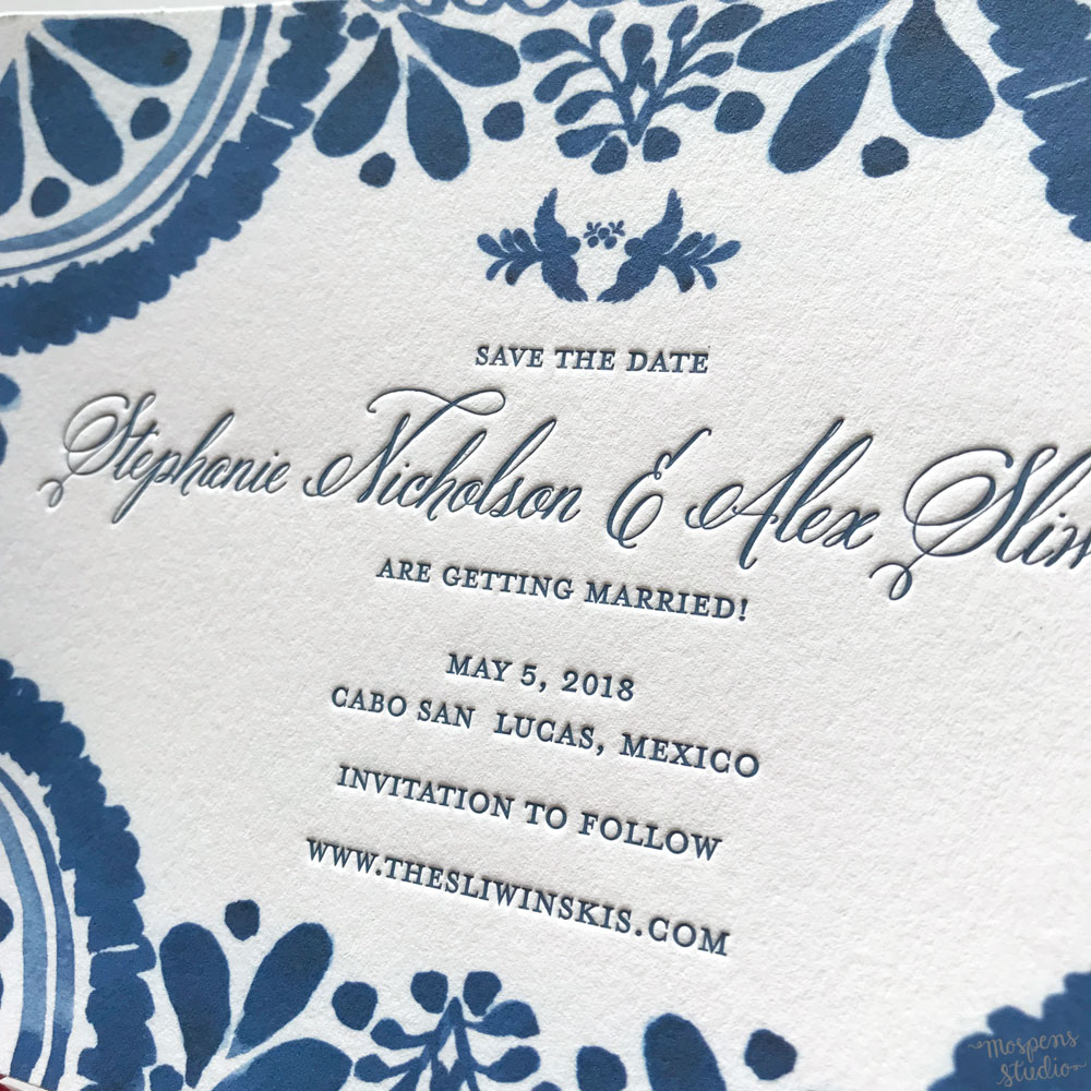 Spanish tile inspired custom wedding stationery for a destination wedding in Cabo San Lucas, Mexico. 100% original artwork by Michelle Mospens. // Mospens Studio #weddinginvitations #weddinginvitation #destinationwedding #invitations #savethedatecards