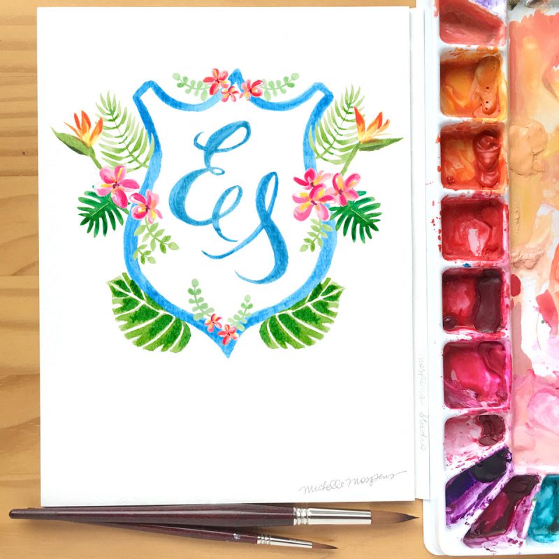 Custom tropical wedding crest watercolor for beach wedding by artist Michelle Mospens. Mospens Studio