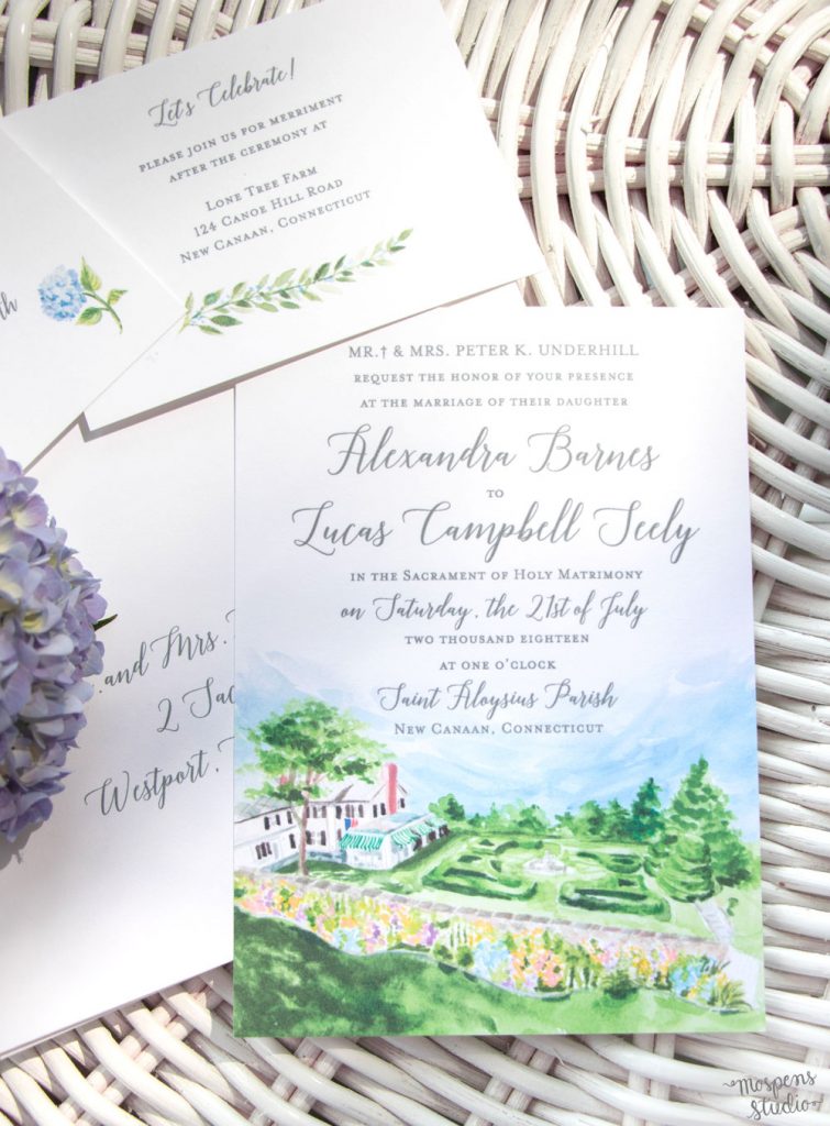 Custom illustrated wedding venue stationery for a garden wedding. 100% original art by Michelle Mospens. Mospens Studio