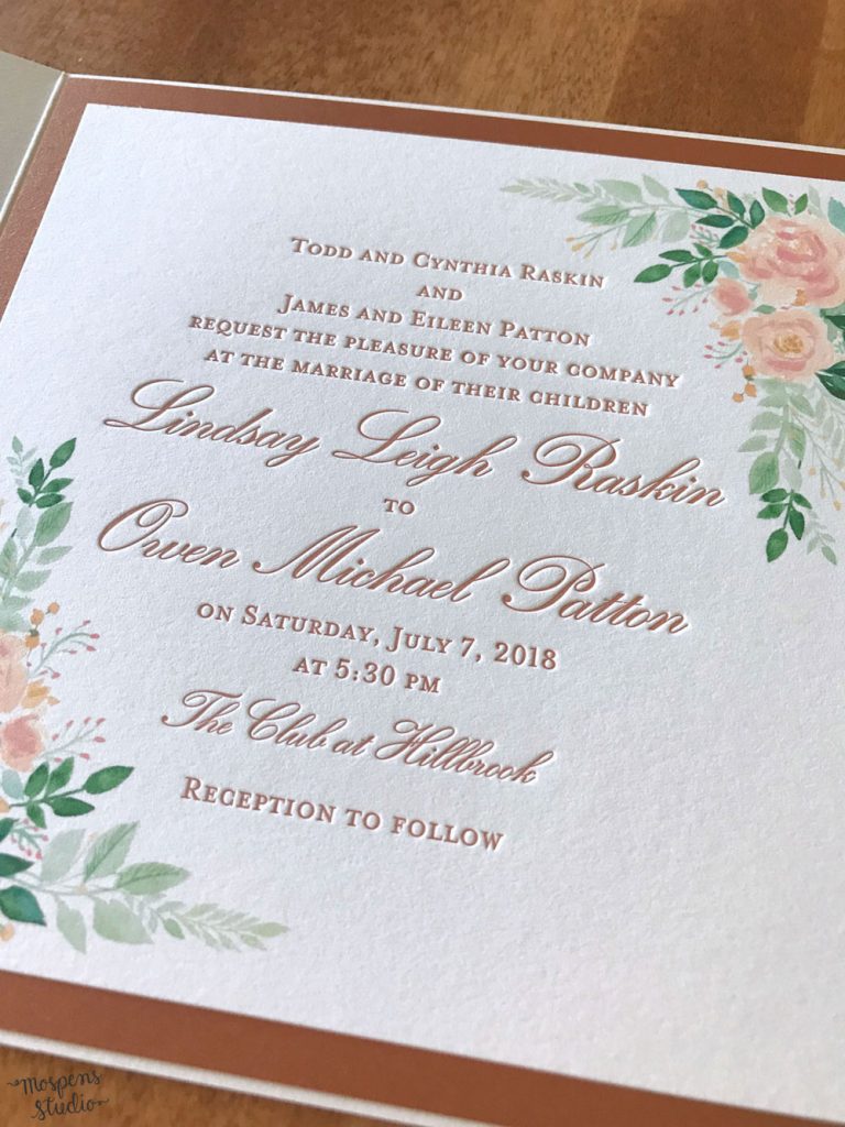 Gorgeous painted peach flowers and copper accents created an elegant floral wedding invitation for a summer wedding. 100% original art by Michelle Mospens. Luxe letterpress printing. Mospens Studio