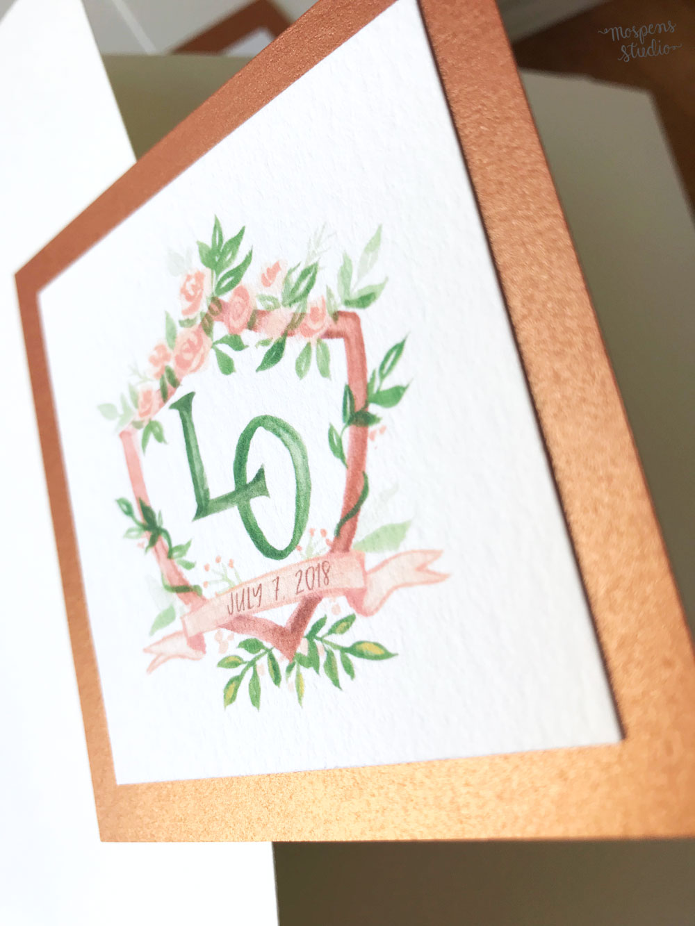 Gorgeous painted peach flowers and copper accents created an elegant floral wedding invitation for a summer wedding. 100% original art by Michelle Mospens. Luxe letterpress printing. Mospens Studio