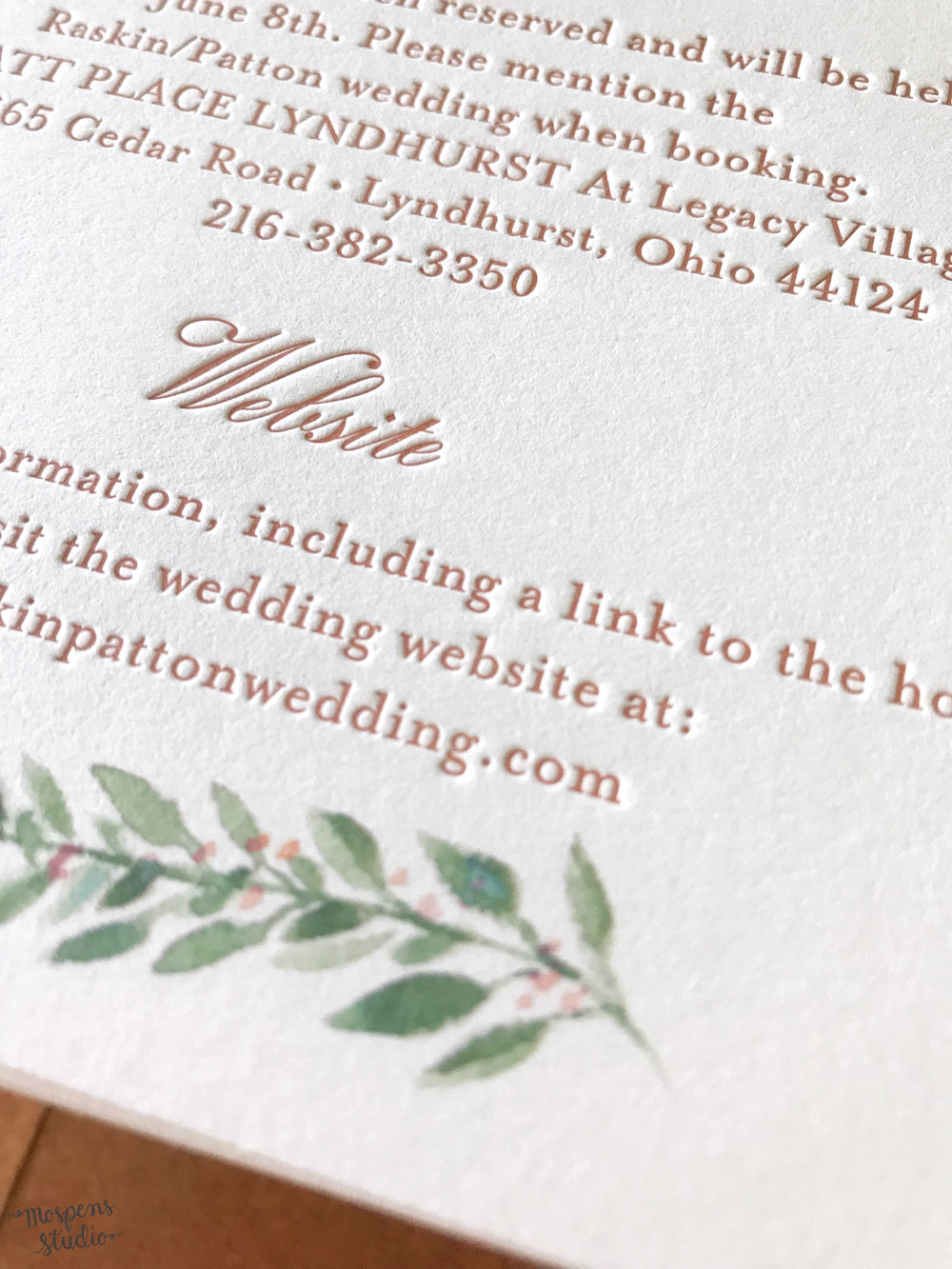 Gorgeous painted peach flowers and copper accents created an elegant floral wedding invitation for a summer wedding. 100% original art by Michelle Mospens. Luxe letterpress printing. Mospens Studio