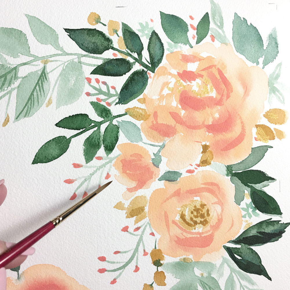 Hand painted peach flowers for a summer wedding invitation design. Mospens Studio