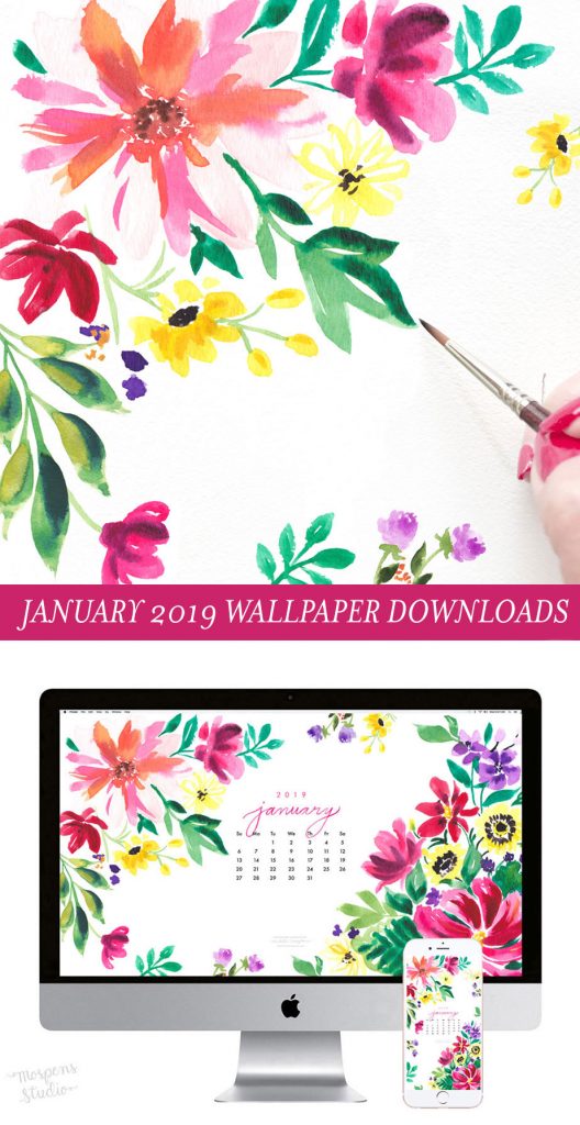 January 2019 floral watercolor wallpaper download by artist Michelle Mospens. - Mospens Studio
