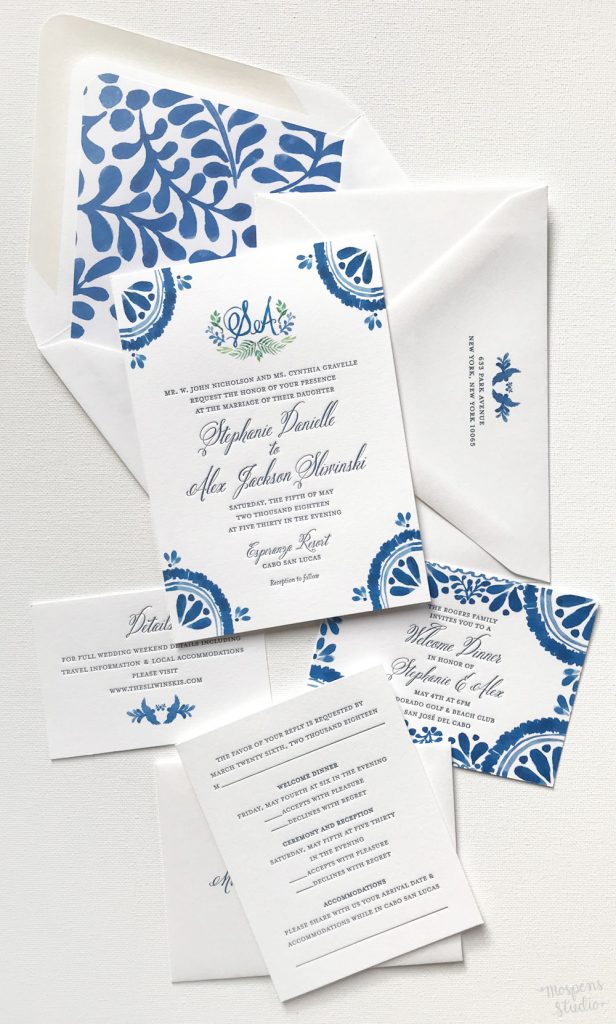 Spanish tile inspired custom wedding stationery for a destination wedding in Cabo San Lucas, Mexico. 100% original artwork by Michelle Mospens. // Mospens Studio #weddinginvitations #weddinginvitation #destinationwedding #invitations #savethedatecards