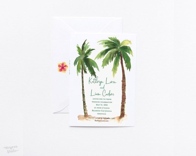 Watercolor palm trees Tropical Breeze wedding invitation by artist Michelle Mospens. Mospens Studio
