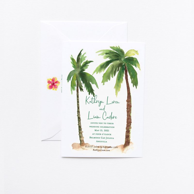 Watercolor palm trees Tropical Breeze wedding invitation by artist Michelle Mospens. Mospens Studio