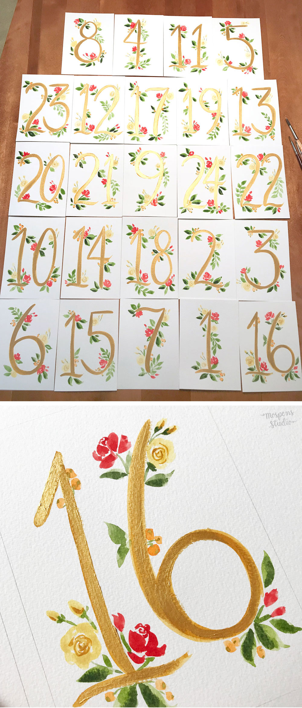 Hand painted table numbers for a New York Wedding by Michelle Mospens. Mospens Studio #weddingideas #tablecards #goldwedding #fairytalewedding